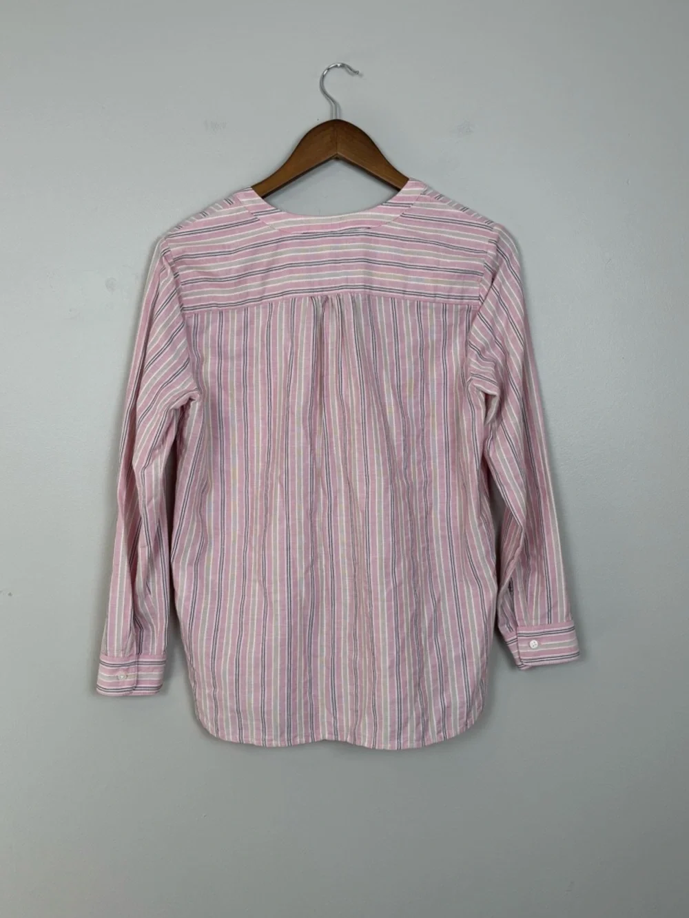 J Crew Top Womens XS Pink White Stripe V-Neck Cotton Poplin‎ Long Sleeve Blouse
